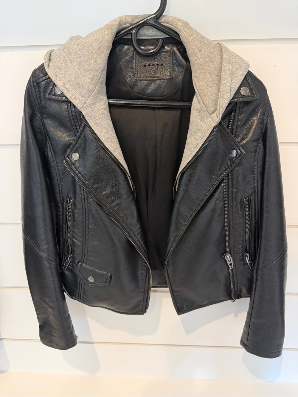 Blank NYC Black Faux-Leather Moto Jacket with Gray Hood